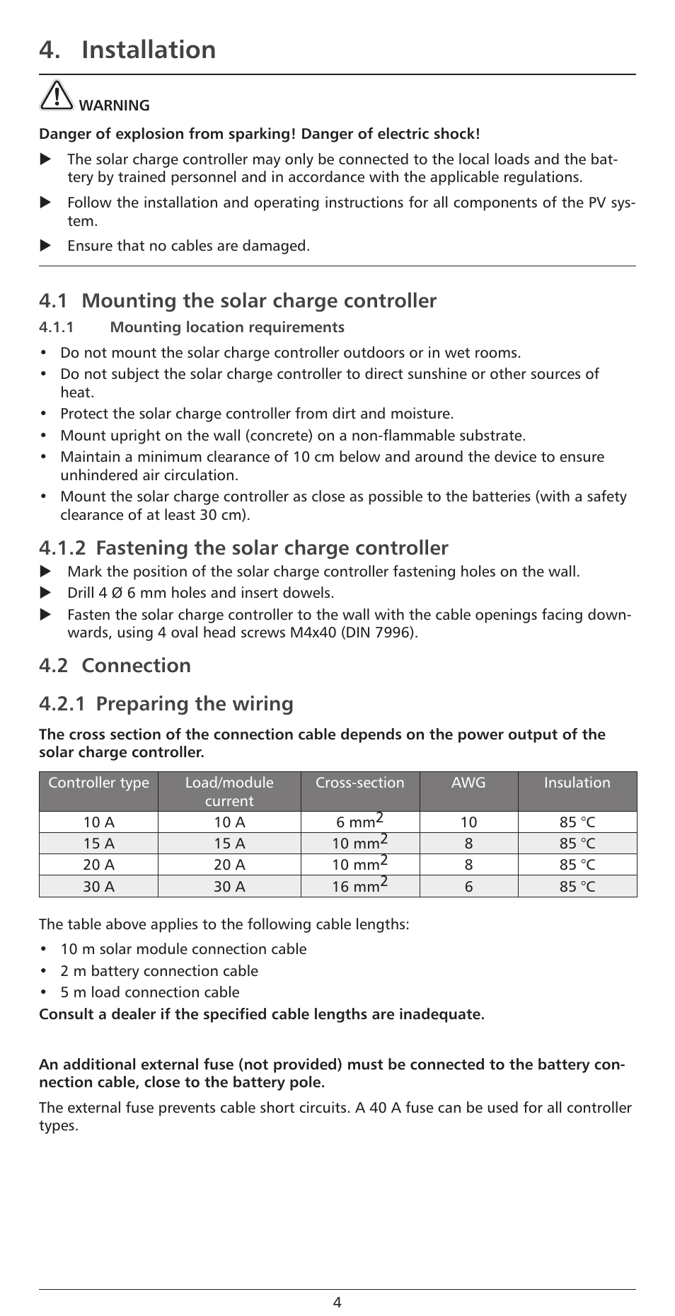 Installation, 1 mounting the solar charge controller, 2 fastening the solar charge controller | 2 connection 4.2.1 preparing the wiring | Samlex America Steca_Solarix_PRS User Manual | Page 4 / 10