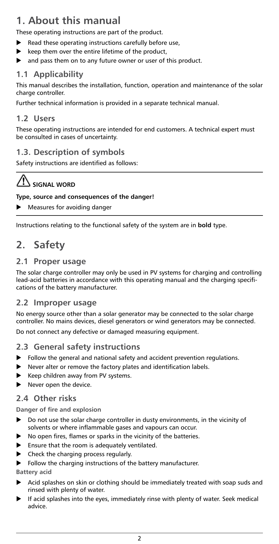 About this manual, Safety, 1 applicability | 2 users, Description of symbols, 1 proper usage, 2 improper usage, 3 general safety instructions, 4 other risks | Samlex America Solarix-PRS User Manual | Page 2 / 10