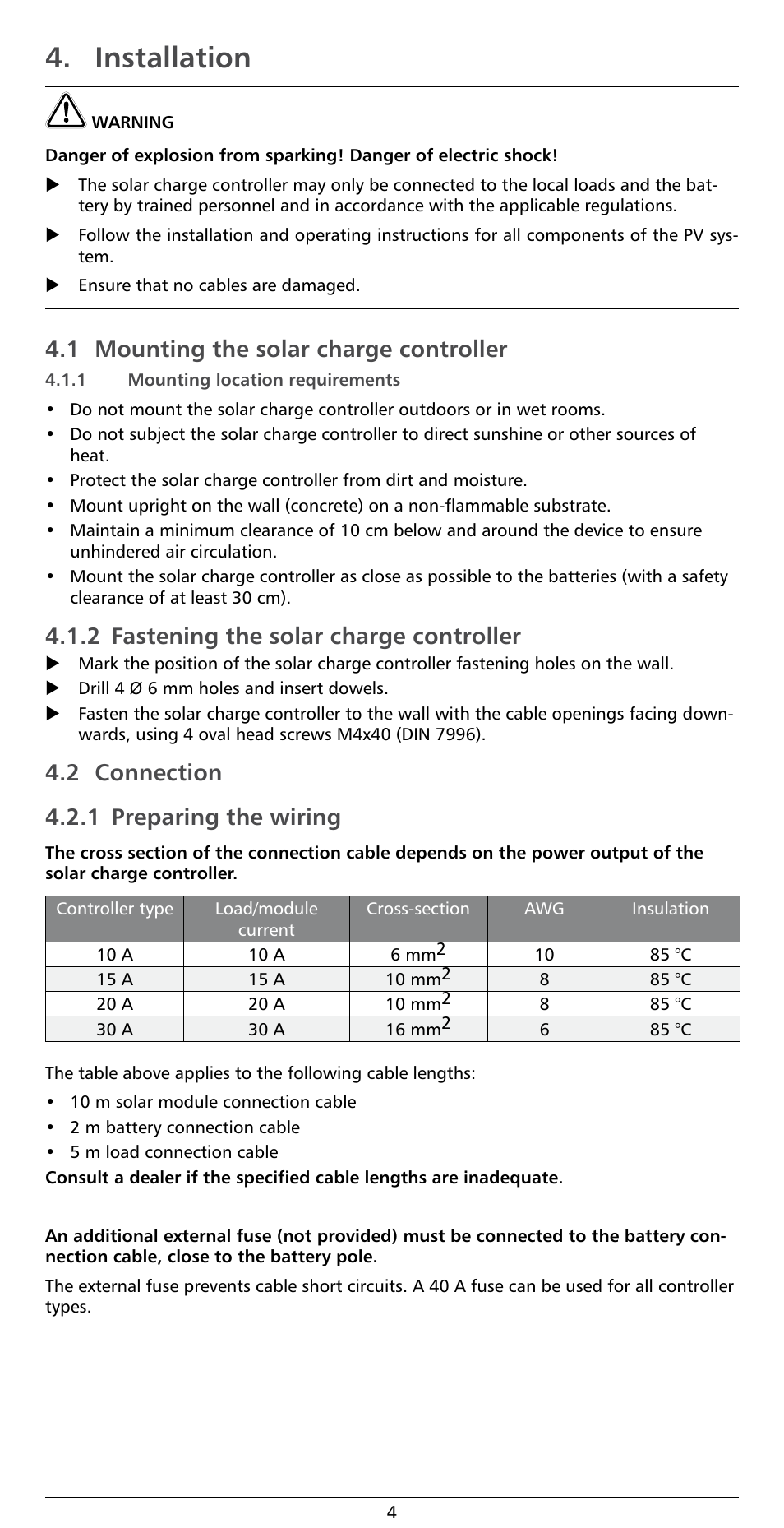 Installation, 1 mounting the solar charge controller, 2 fastening the solar charge controller | 2 connection 4.2.1 preparing the wiring | Samlex America Solarix-PRS User Manual | Page 4 / 10