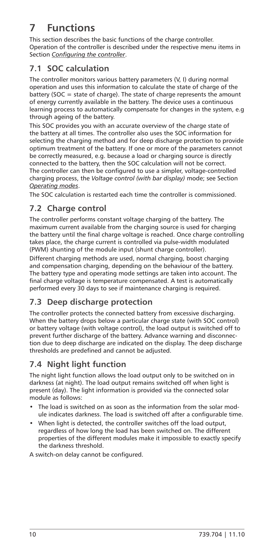7 functions, 1 soc calculation, 2 charge control | 3 deep discharge protection, 4 night light function, Soc calculation, Charge control, Deep discharge protection, Night light function | Samlex America PR-3030 User Manual | Page 10 / 20
