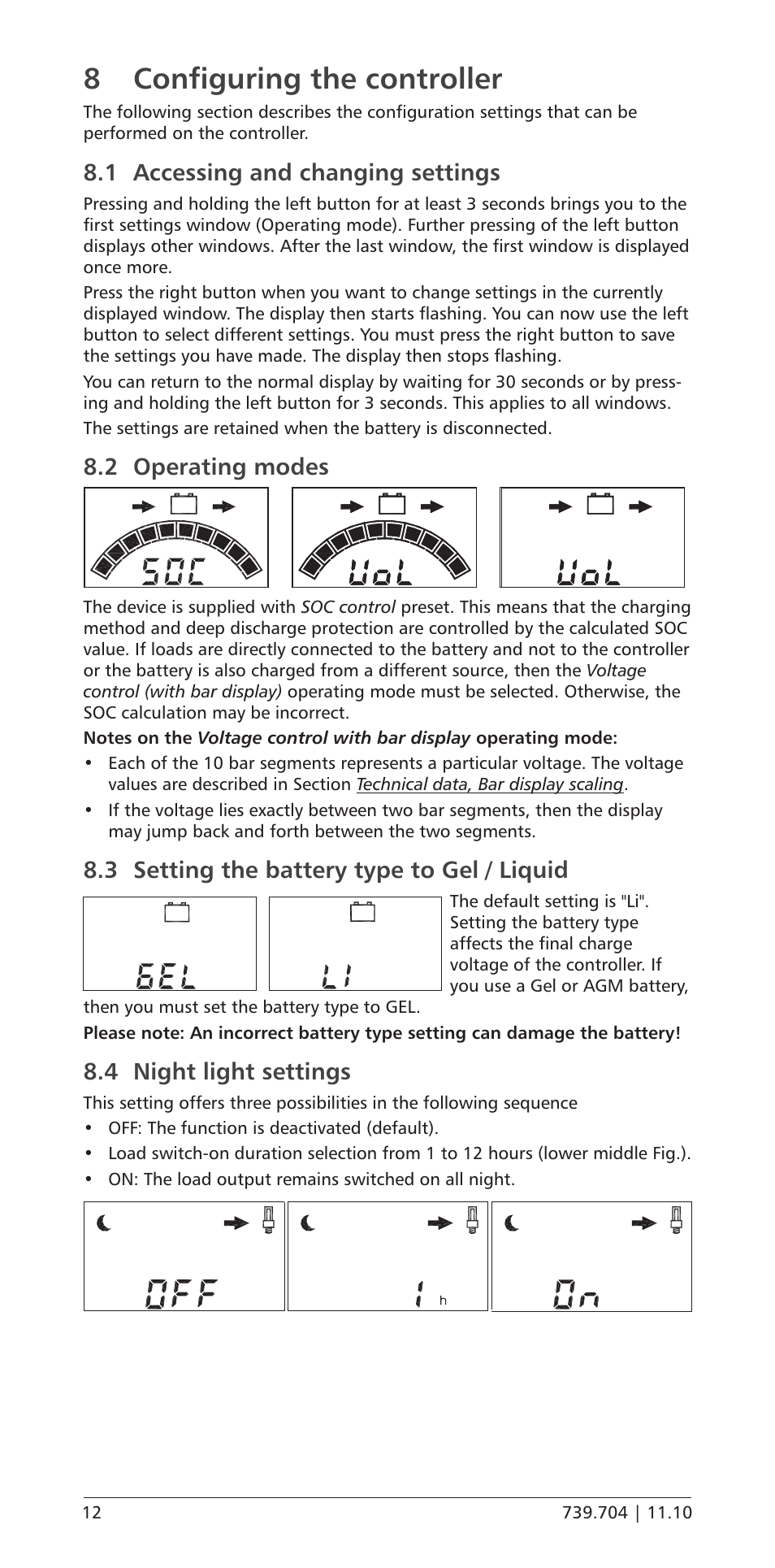 8 configuring the controller, 1 accessing and changing settings, 2 operating modes | 3 setting the battery type to gel / liquid, 4 night light settings, Configuring the controller, Accessing and changing settings, Operating modes, Setting the battery type to gel / liquid, Night light settings | Samlex America PR-3030 User Manual | Page 12 / 20