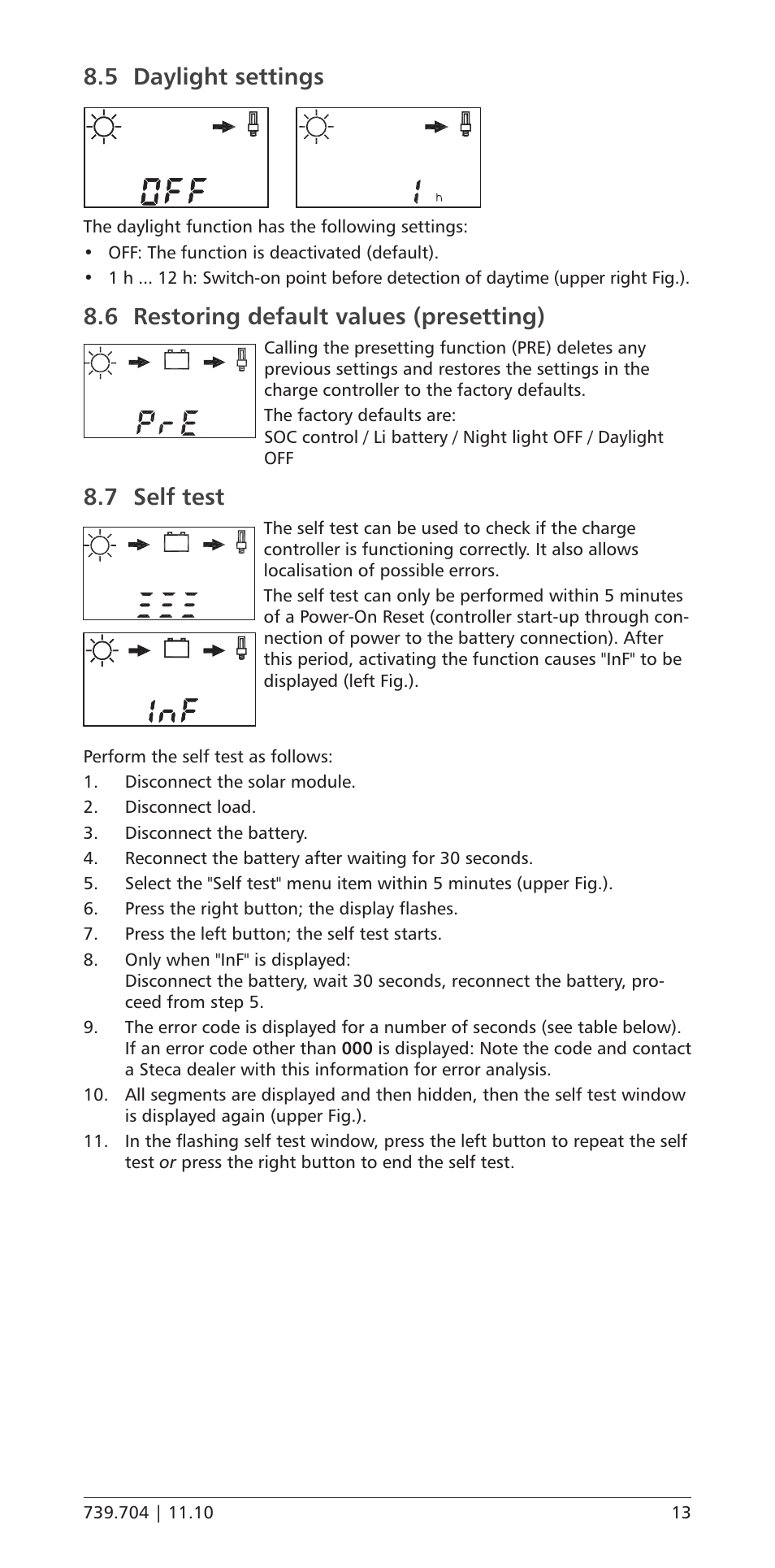 5 daylight settings, 6 restoring default values (presetting), 7 self test | Daylight settings, Restoring default values (presetting), Self test | Samlex America PR-3030 User Manual | Page 13 / 20