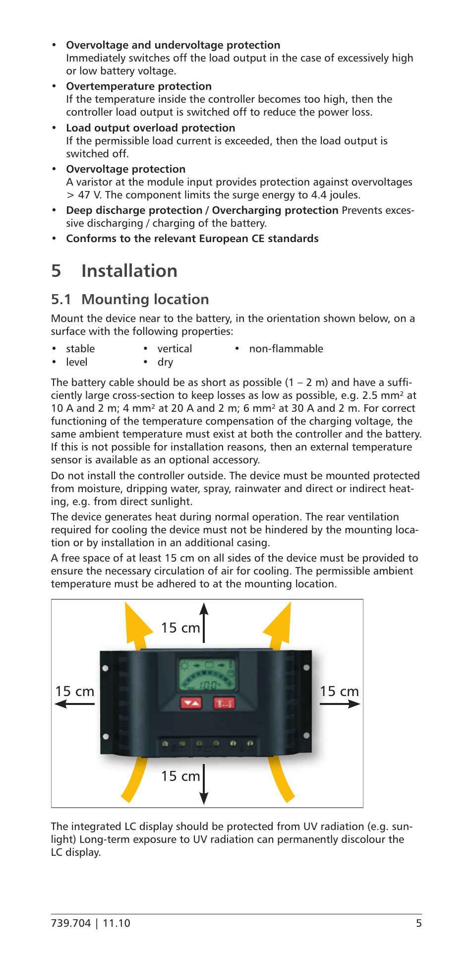 5 installation, 1 mounting location, Mounting location | 15 cm | Samlex America PR-3030 User Manual | Page 5 / 20
