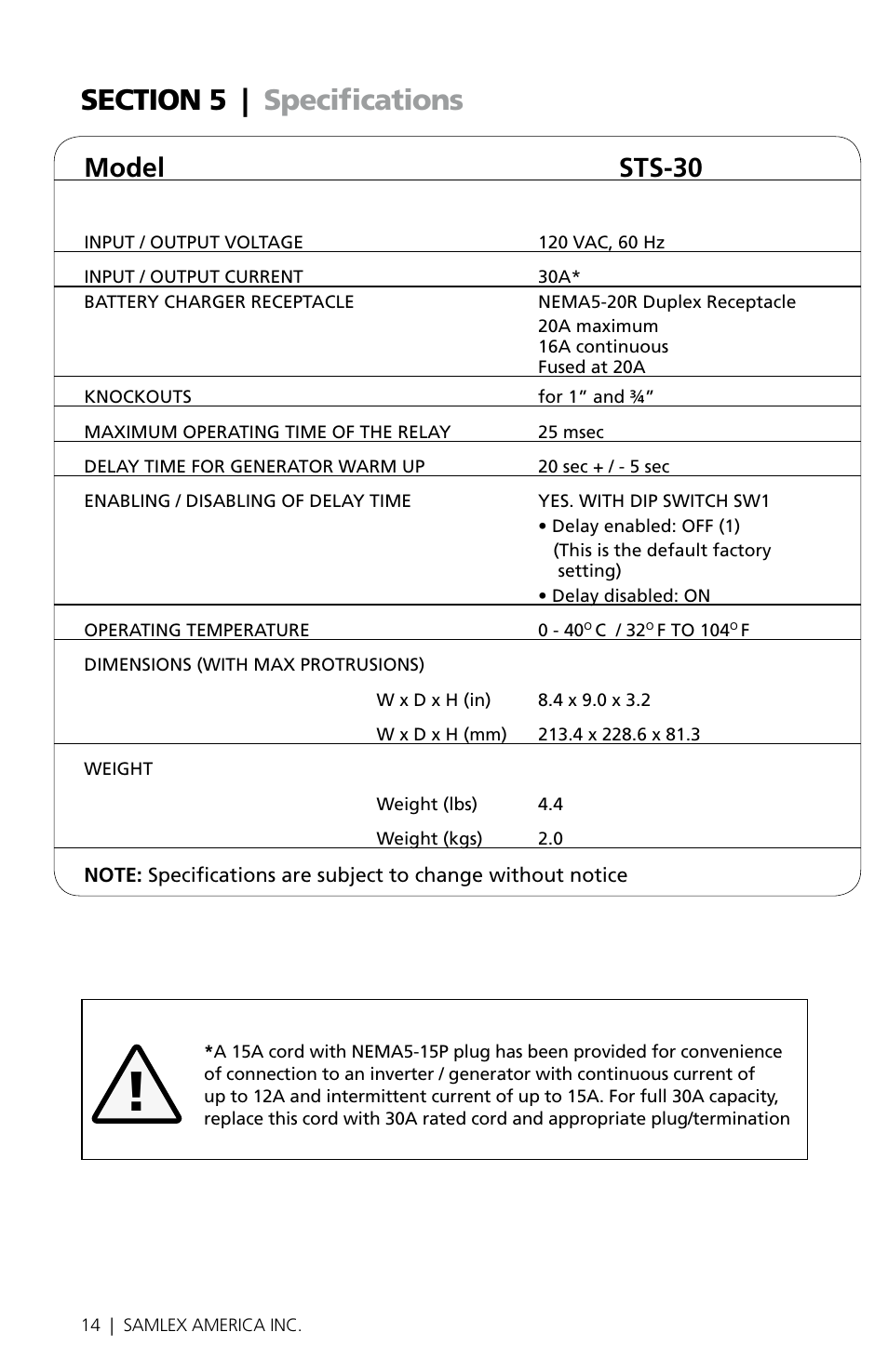 Model sts-30 | Samlex America STS-30 User Manual | Page 14 / 16