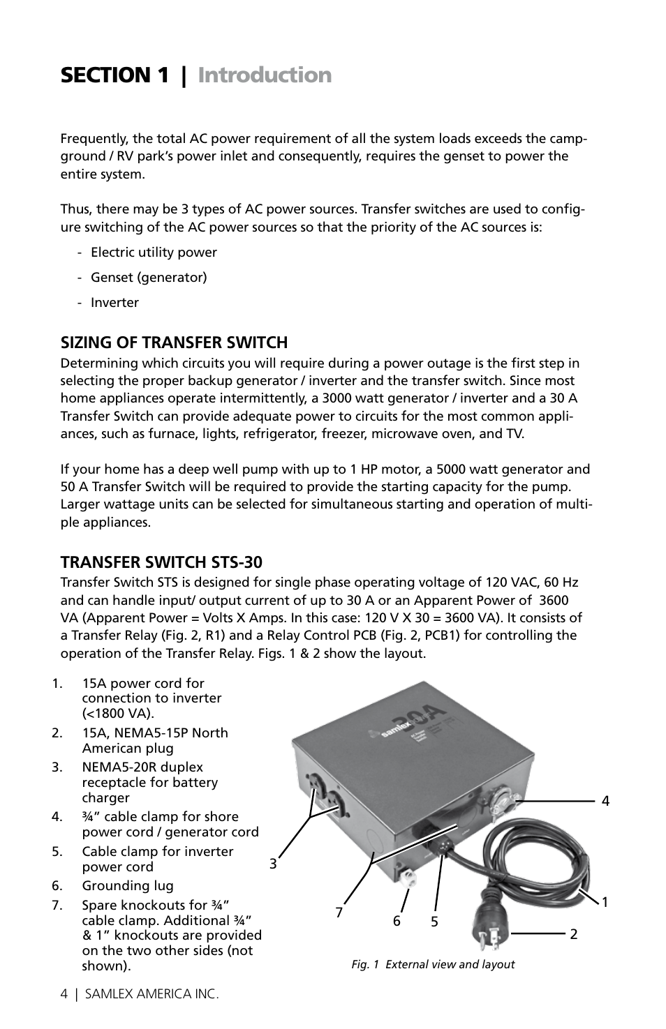 Sizing of transfer switch, Transfer switch sts-30 | Samlex America STS-30 User Manual | Page 4 / 16