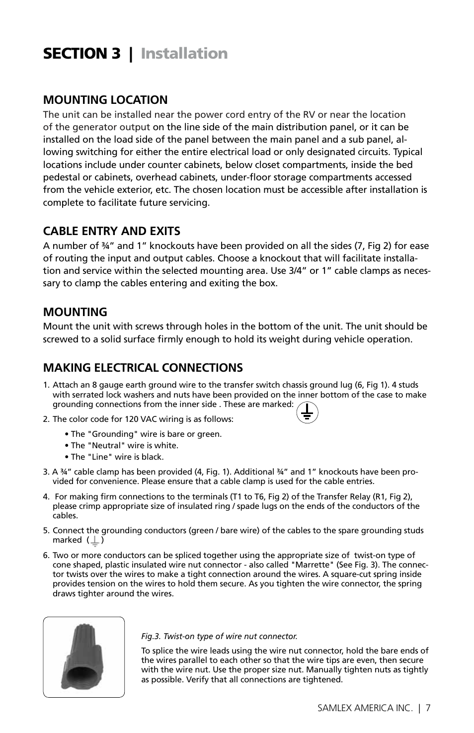 Mounting location, Cable entry and exits, Mounting | Making electrical connections | Samlex America STS-30 User Manual | Page 7 / 16