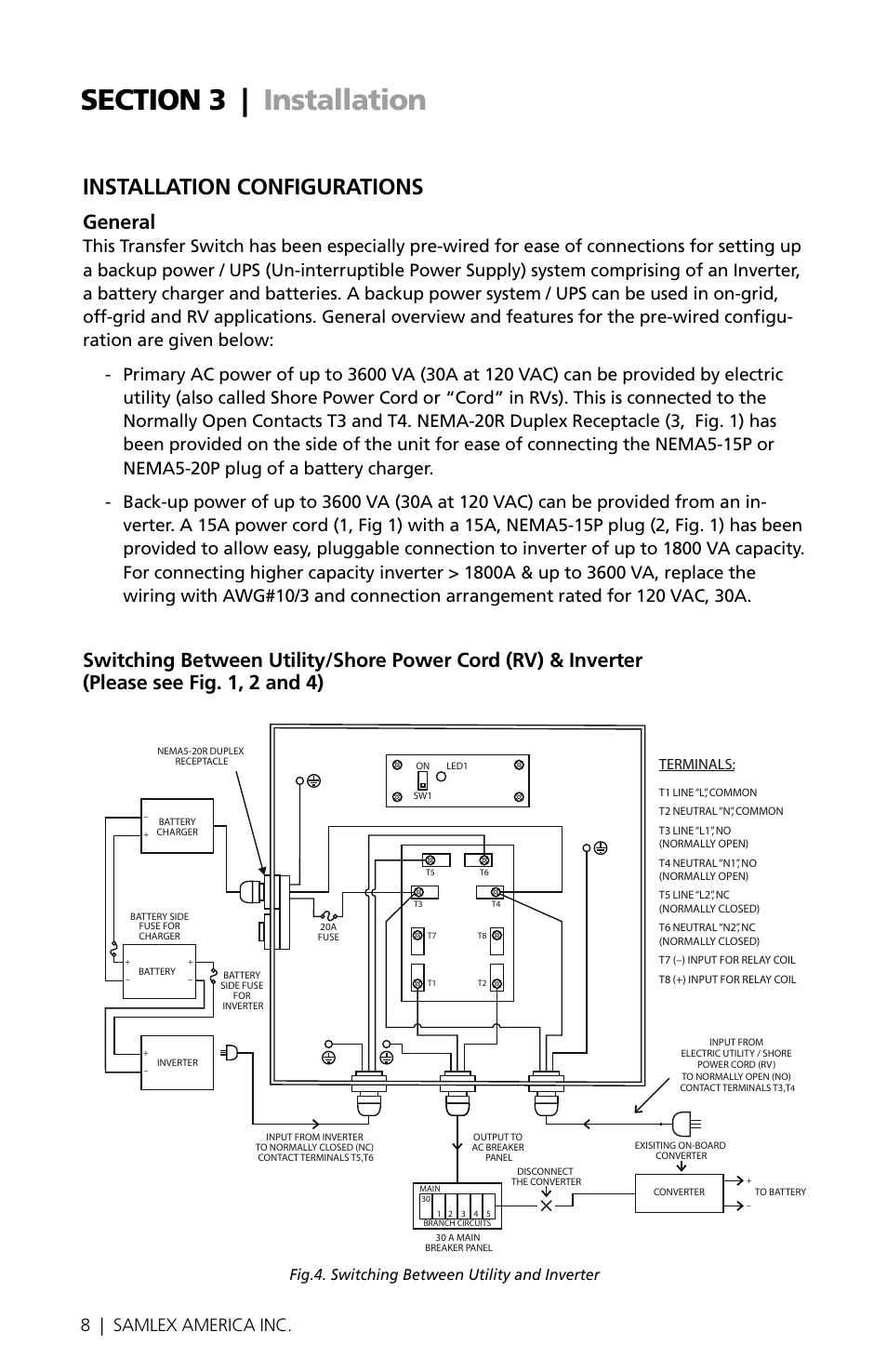 Installation configurations, General, 8 | samlex america inc | Fig.4. switching between utility and inverter, Terminals | Samlex America STS-30 User Manual | Page 8 / 16