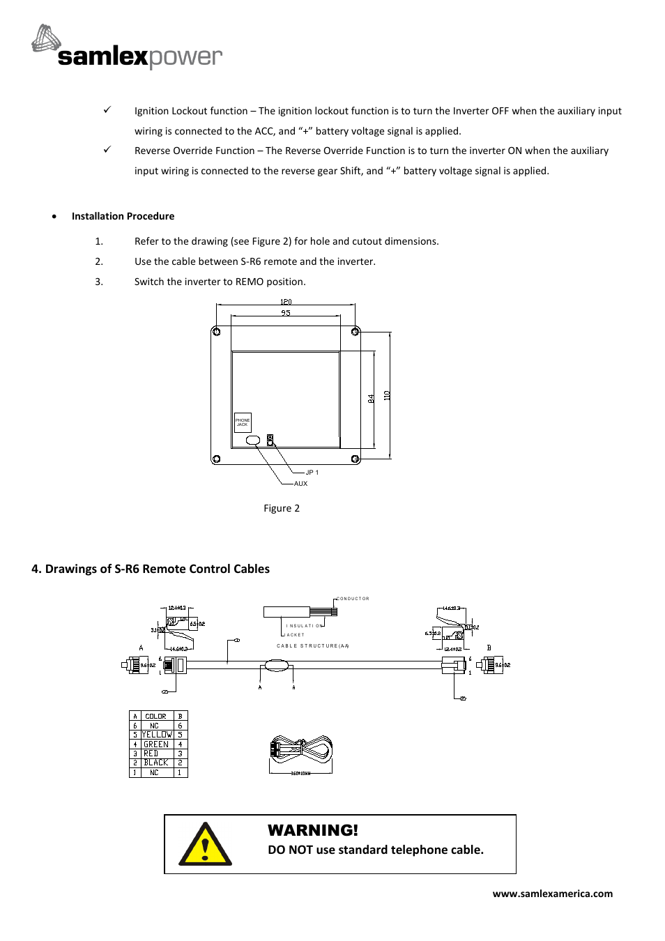 Warning, Drawings of s-r6 remote control cables, Do not use standard telephone cable | Samlex America S-R6-24 User Manual | Page 4 / 4