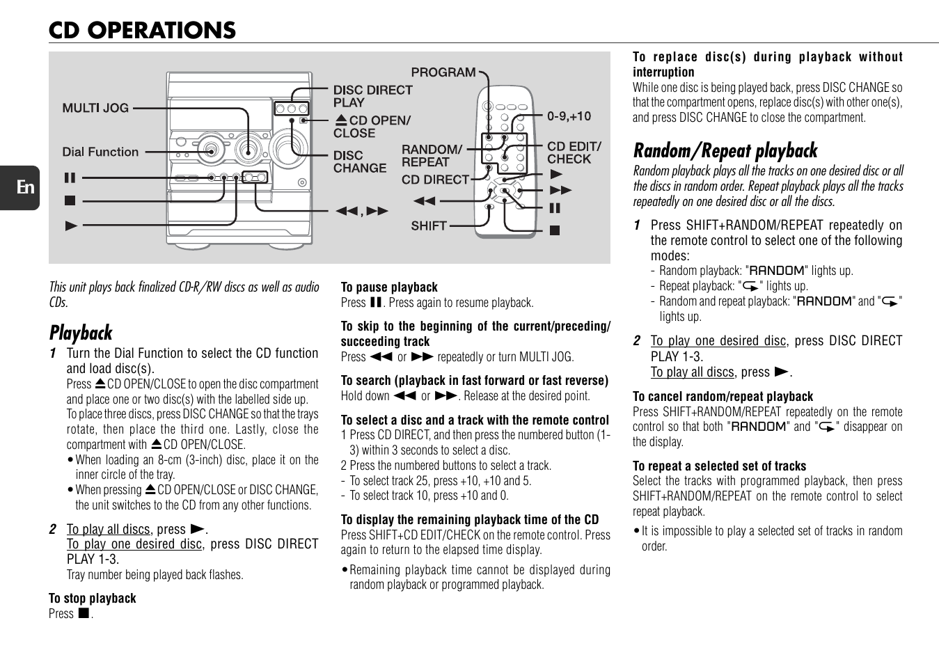 Cd operations, Playback, Random/repeat playback | 10 en | Aiwa NSX-D70 User Manual | Page 10 / 22