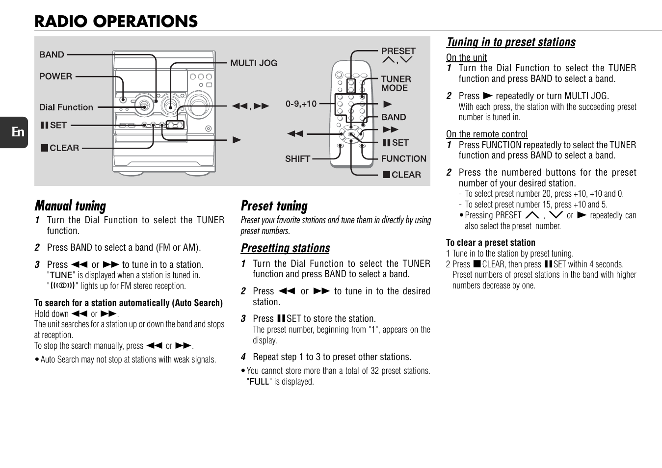 Radio operations, Manual tuning, Preset tuning | 12 en | Aiwa NSX-D70 User Manual | Page 12 / 22