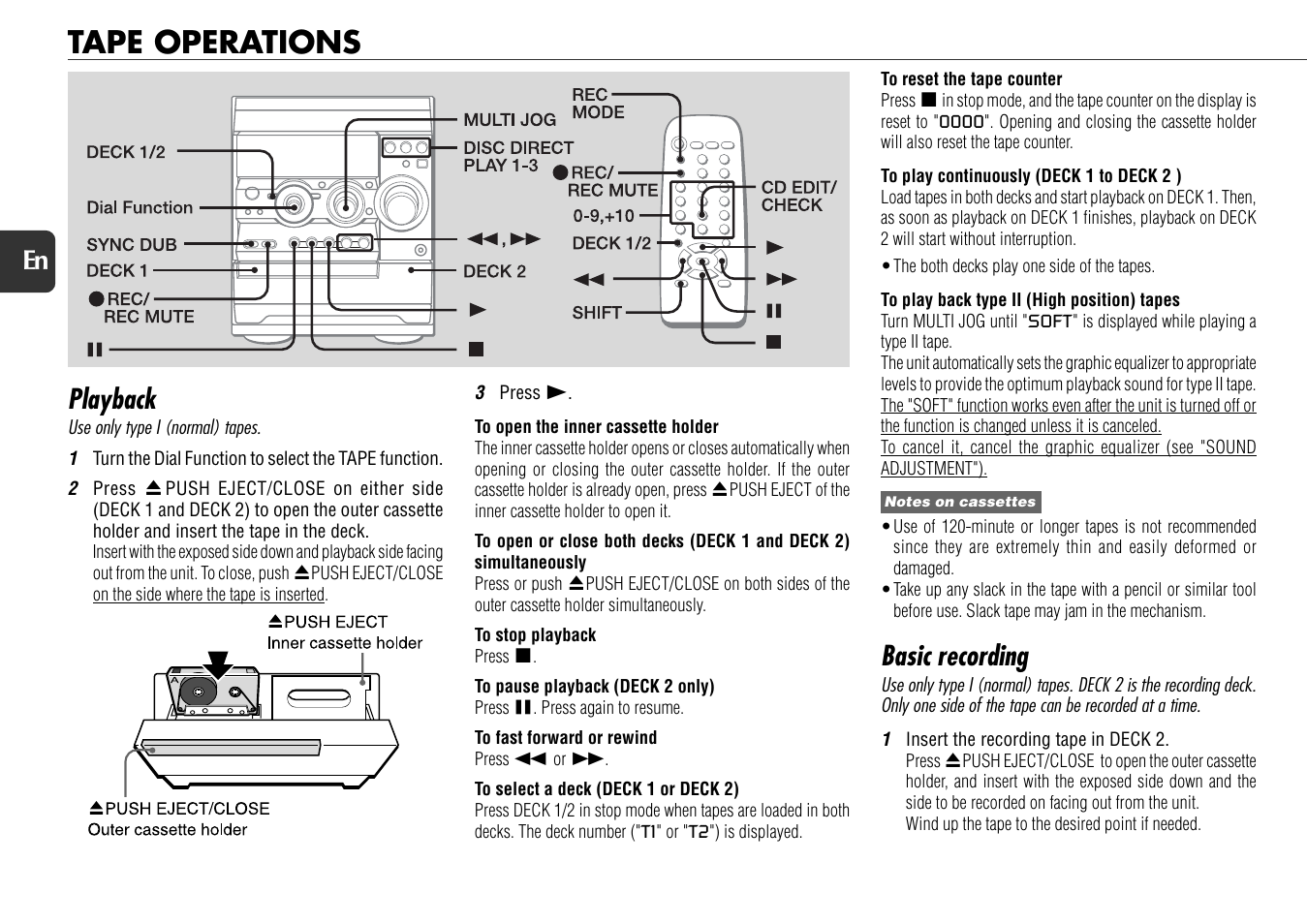 Tape operations, Playback, Basic recording | 14 en | Aiwa NSX-D70 User Manual | Page 14 / 22