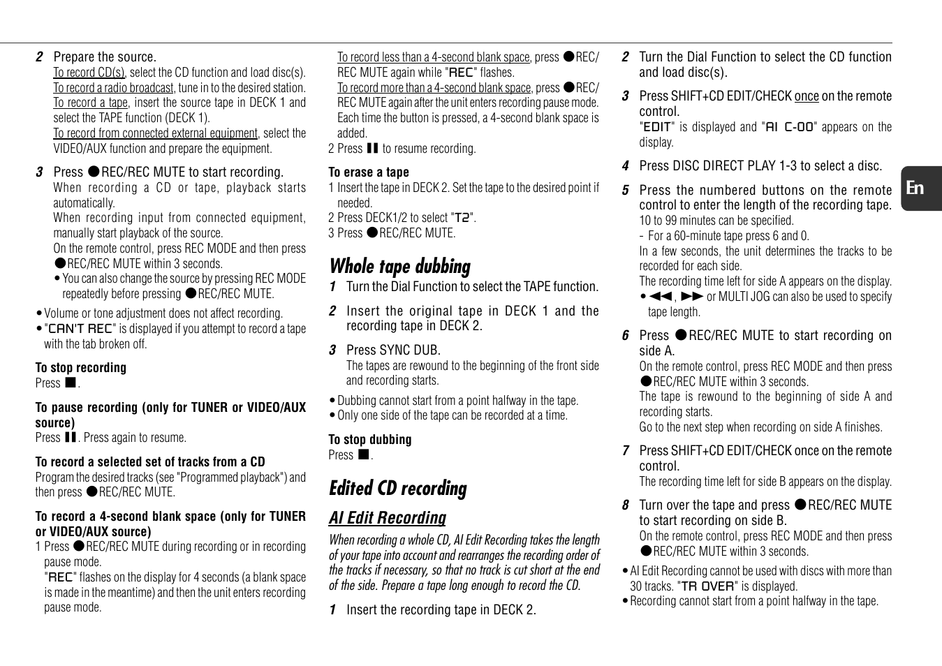 Whole tape dubbing, Edited cd recording, 15 en | Aiwa NSX-D70 User Manual | Page 15 / 22