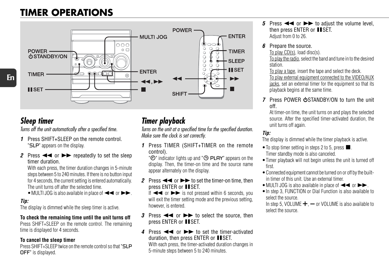 Timer operations, Sleep timer, Timer playback | 18 en | Aiwa NSX-D70 User Manual | Page 18 / 22