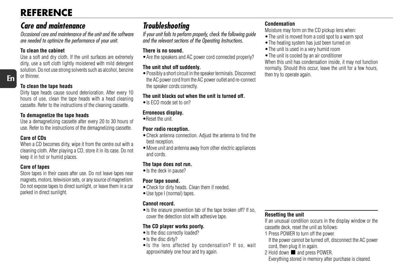 Reference, Care and maintenance, Troubleshooting | 20 en | Aiwa NSX-D70 User Manual | Page 20 / 22