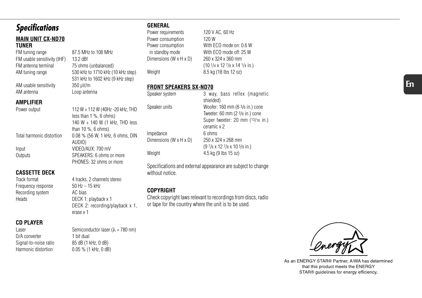 Specifications, 21 en | Aiwa NSX-D70 User Manual | Page 21 / 22