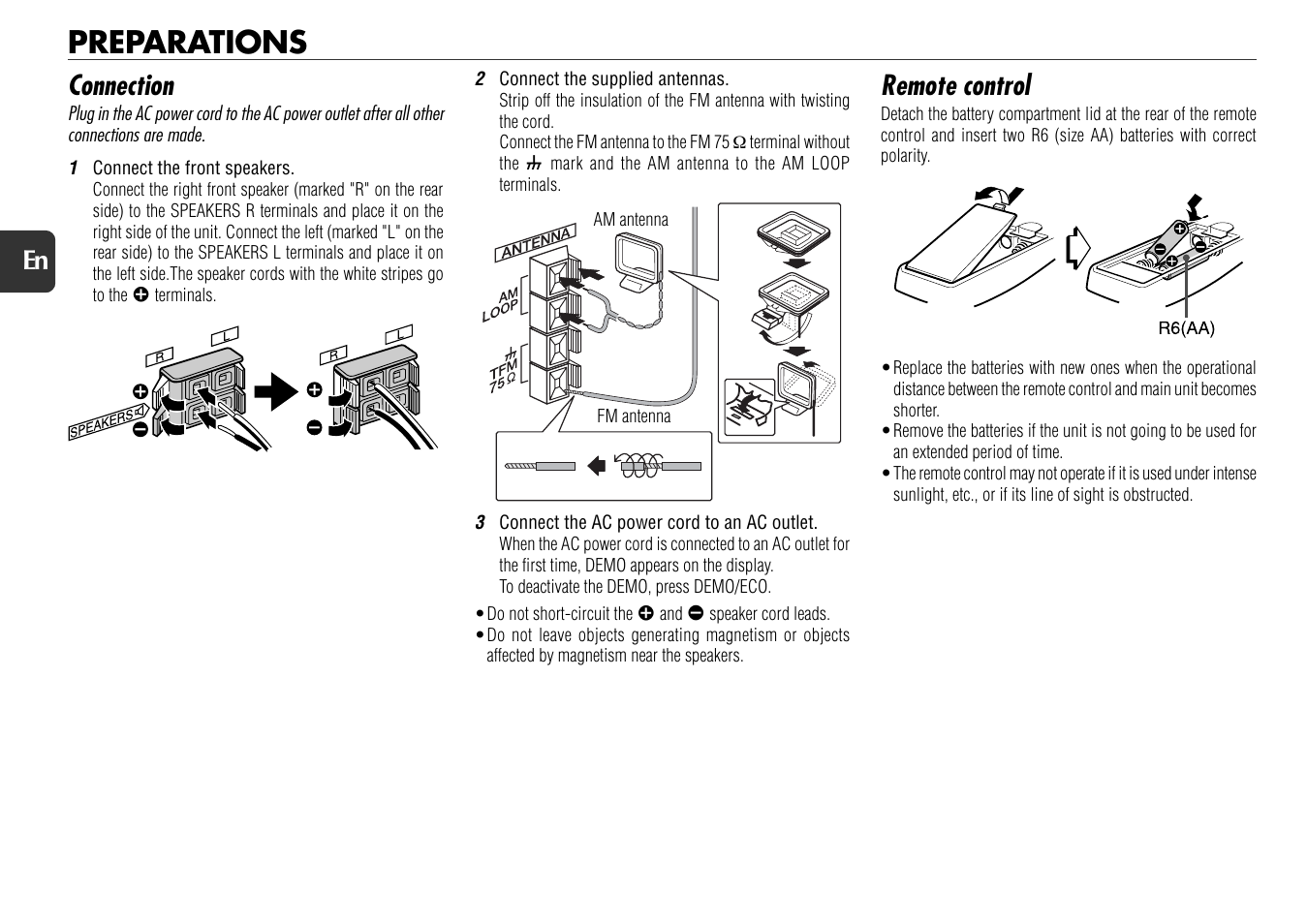 Preparations, Connection, Remote control | Aiwa NSX-D70 User Manual | Page 4 / 22