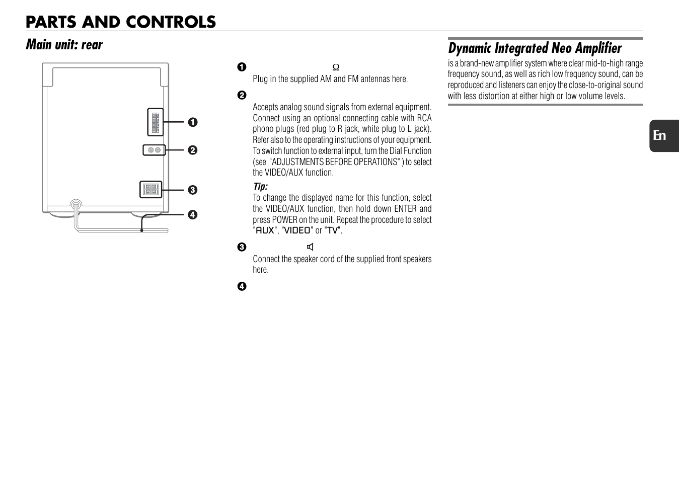 Parts and controls, Main unit: rear, Dynamic integrated neo amplifier | Aiwa NSX-D70 User Manual | Page 5 / 22