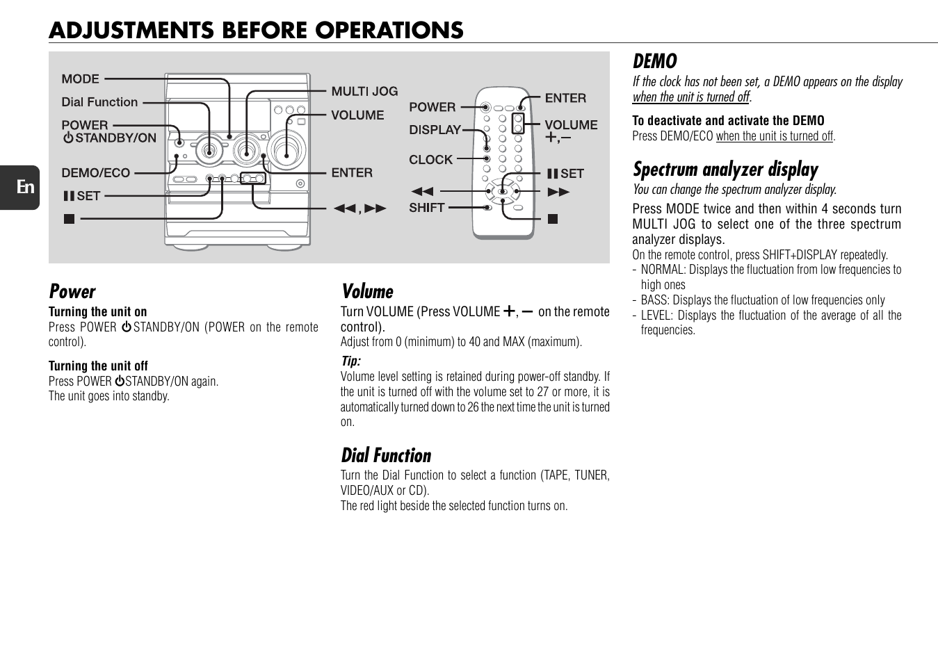 Adjustments before operations, Power, Demo | Spectrum analyzer display, Volume, Dial function | Aiwa NSX-D70 User Manual | Page 8 / 22