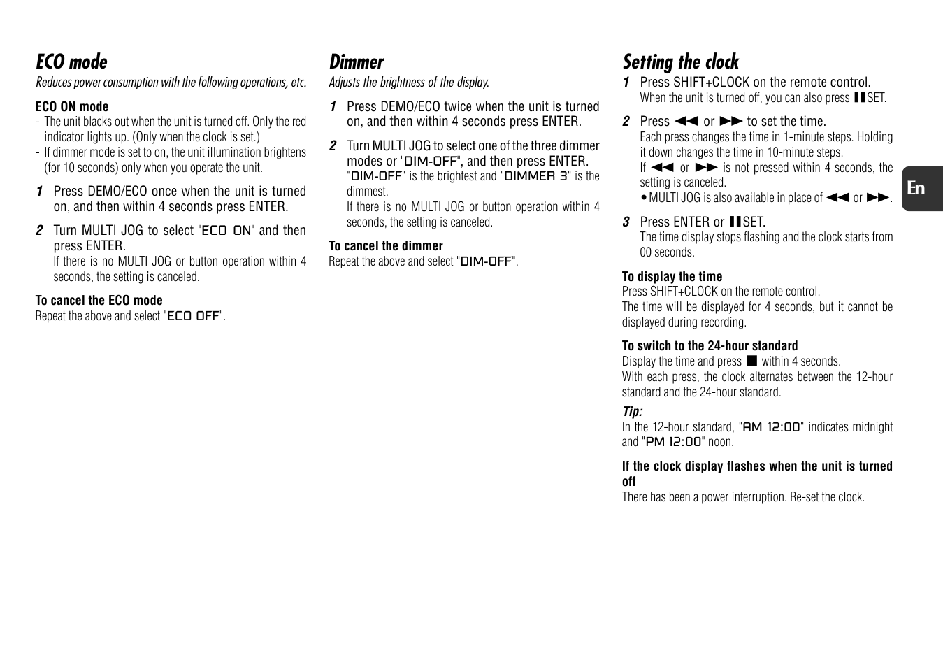 Dimmer, Setting the clock, Eco mode | Aiwa NSX-D70 User Manual | Page 9 / 22