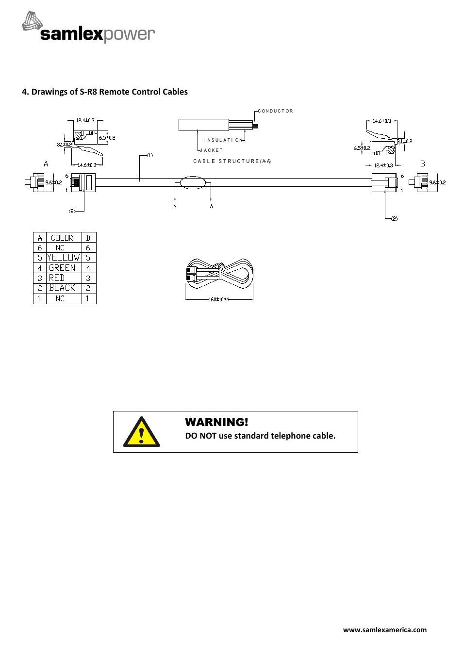 Warning, Drawings of s-r8 remote control cables, Do not use standard telephone cable | Samlex America S-R8 User Manual | Page 4 / 4