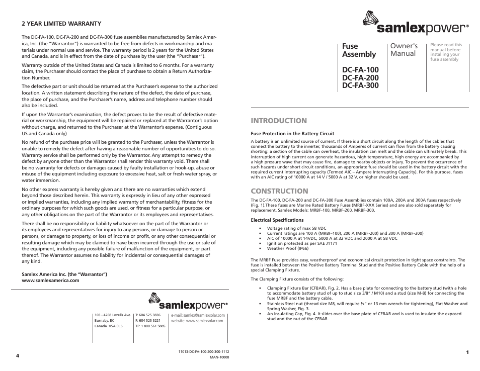 Samlex America DC-FA-300 User Manual | 2 pages