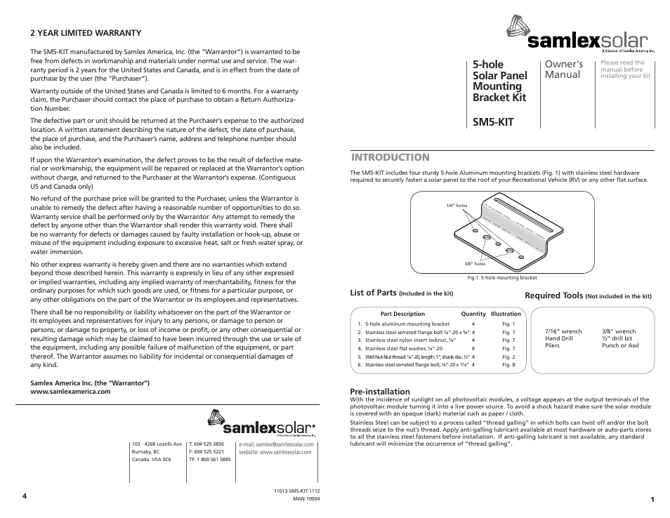 Samlex America SM5-KIT User Manual | 2 pages