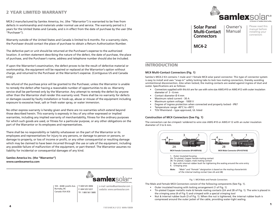 Solar panel multi-contact connectors mc4-2, Owner's manual, 2 year limited warranty | Introduction | Samlex America MC4-2 User Manual | Page 2 / 2