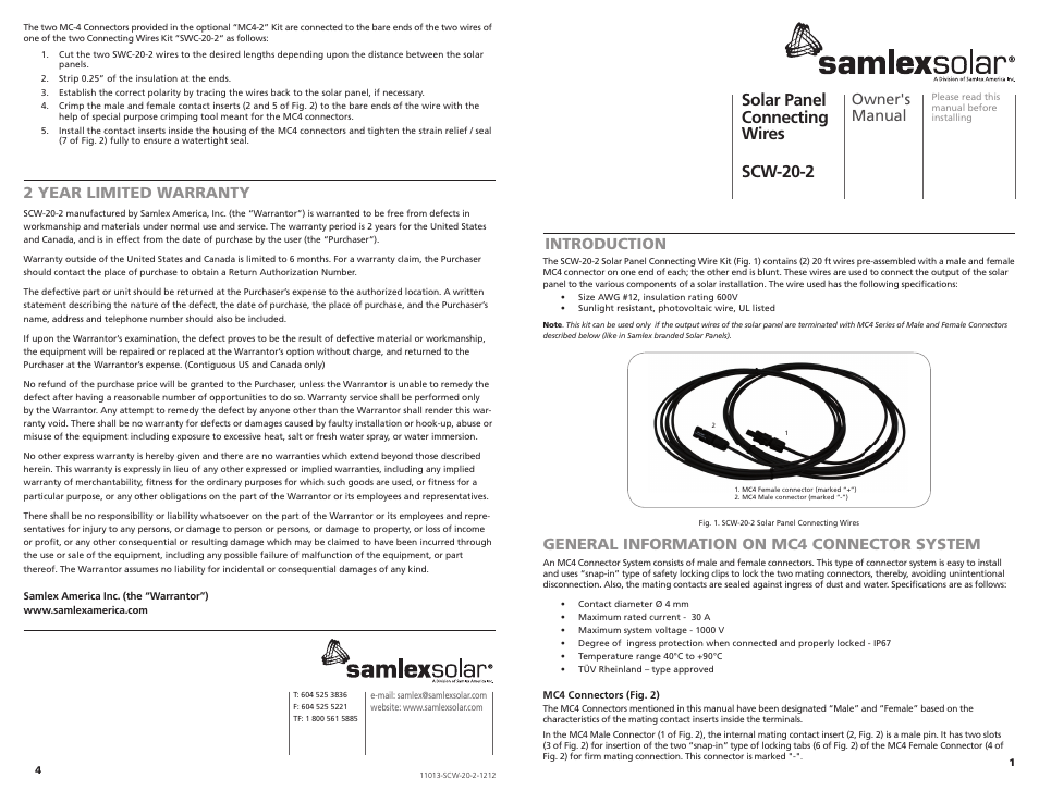 Solar panel connecting wires scw-20-2, Owner's manual, Introduction | 2 year limited warranty, General information on mc4 connector system | Samlex America SCW-20-2 User Manual | Page 2 / 2