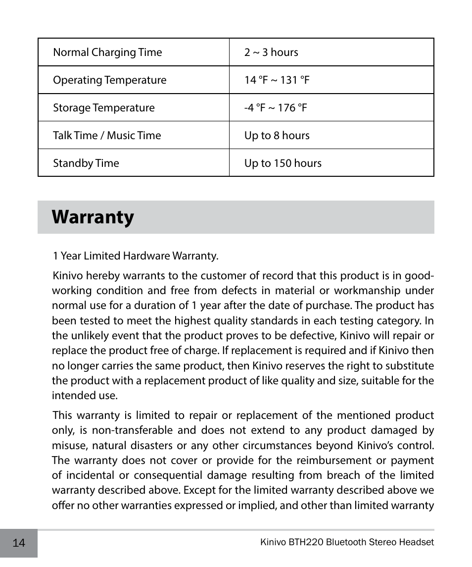 Warranty | Kinivo BTH220 Bluetooth Stereo Headphone EN User Manual | Page 14 / 16