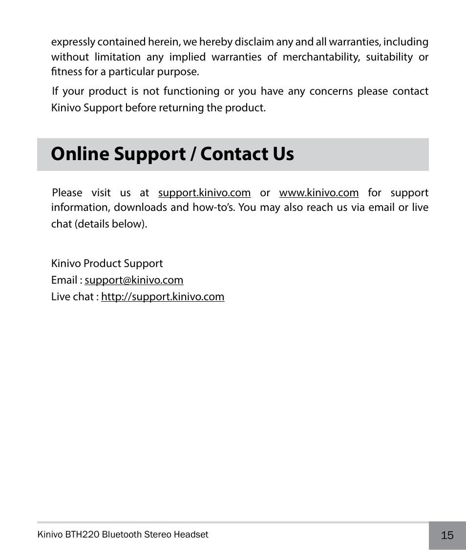 Online support / contact us | Kinivo BTH220 Bluetooth Stereo Headphone EN User Manual | Page 15 / 16