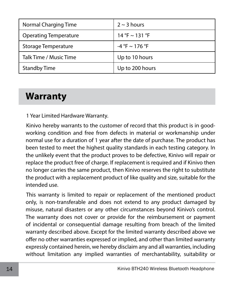 Warranty | Kinivo BTH240 Bluetooth Stereo Headphone EN User Manual | Page 14 / 16