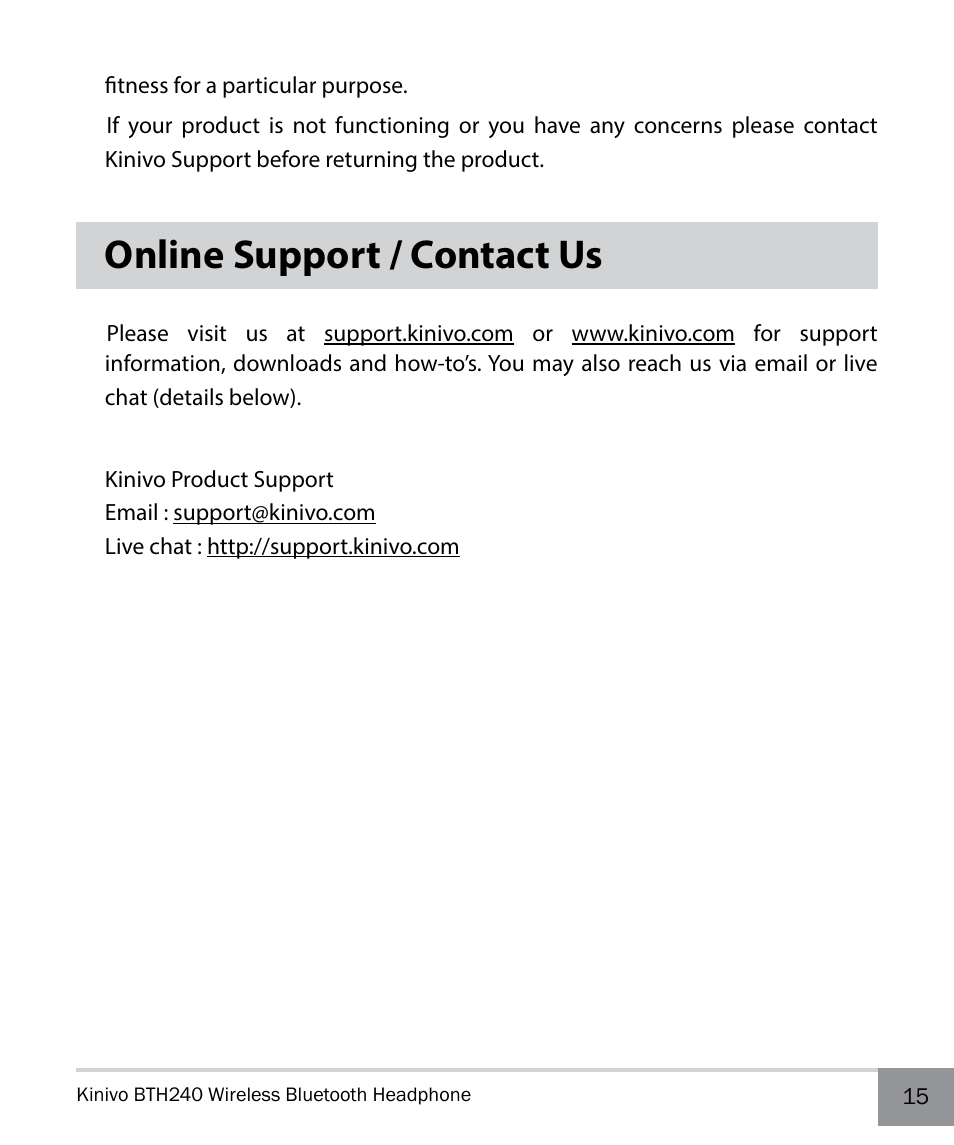 Online support / contact us | Kinivo BTH240 Bluetooth Stereo Headphone EN User Manual | Page 15 / 16