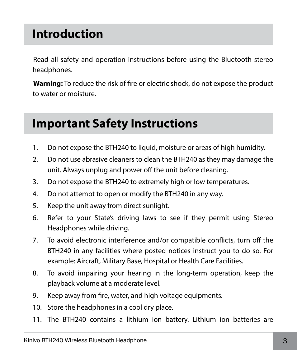 Introduction, Important safety instructions | Kinivo BTH240 Bluetooth Stereo Headphone EN User Manual | Page 3 / 16