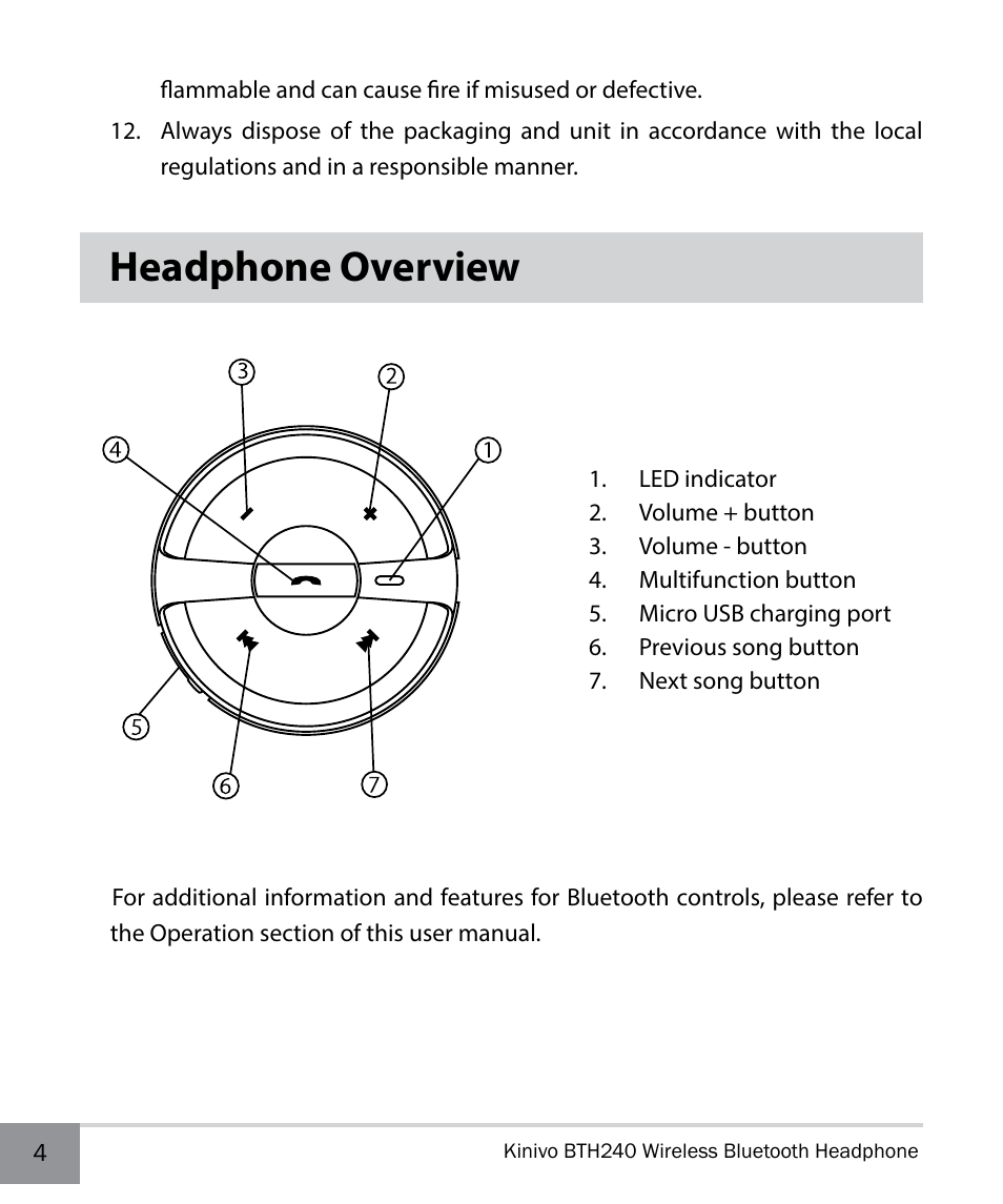 Headphone overview | Kinivo BTH240 Bluetooth Stereo Headphone EN User Manual | Page 4 / 16