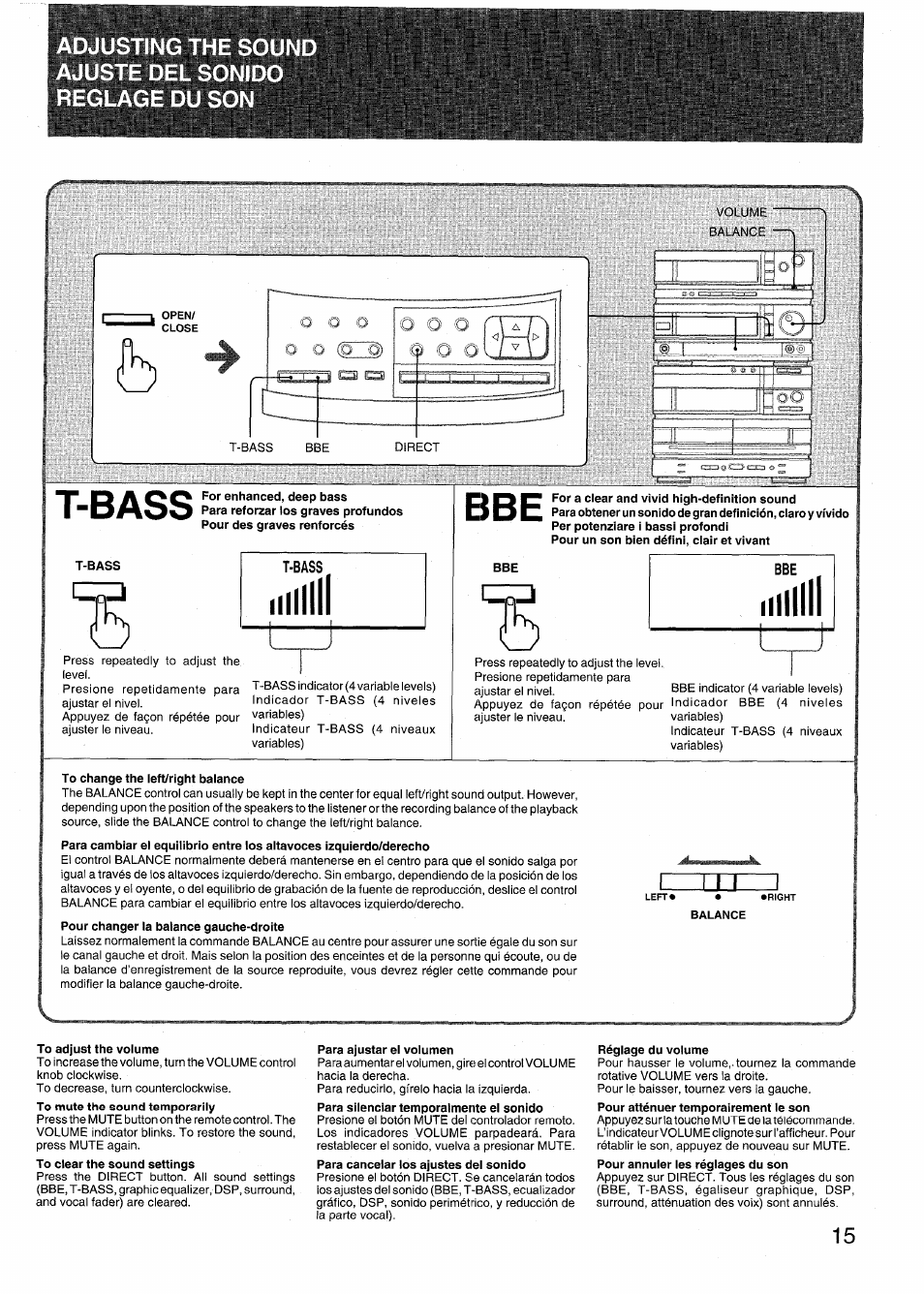 T-bass, For a clear and vivid high-definition sound, To change the ieft/right balance | To adjust the volume, Para ajustar el volumen, Réglage du volume, O o o | Aiwa RX-N939U User Manual | Page 15 / 80