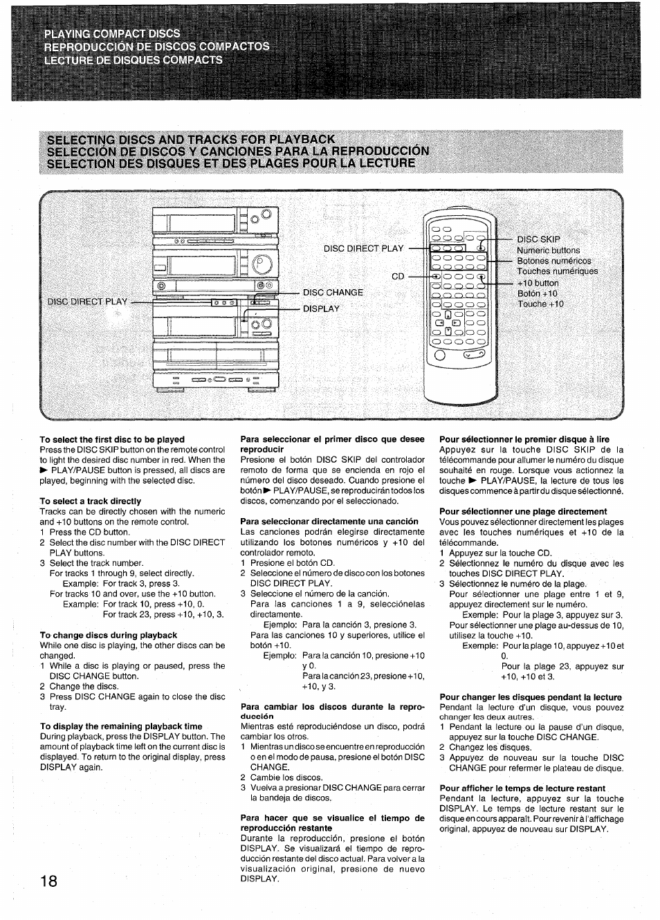 To select the first disc to be played, To select a track directly, To change discs during playback | To display the remaining playback time, Para seleccionar directamente una canción, Para cambiar los discos durante la reproducción, Pour sélectionner le premier disque à lire, Pour sélectionner une plage directement, Pour changer les disques pendant la lecture, Pour afficher le temps de lecture restant | Aiwa RX-N939U User Manual | Page 18 / 80