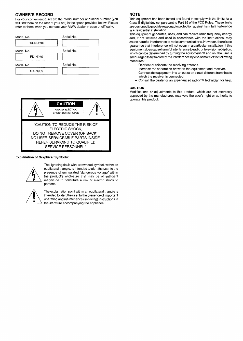 Owner’s record, Note, Caution | Explanation of graphical symbols | Aiwa RX-N939U User Manual | Page 2 / 80