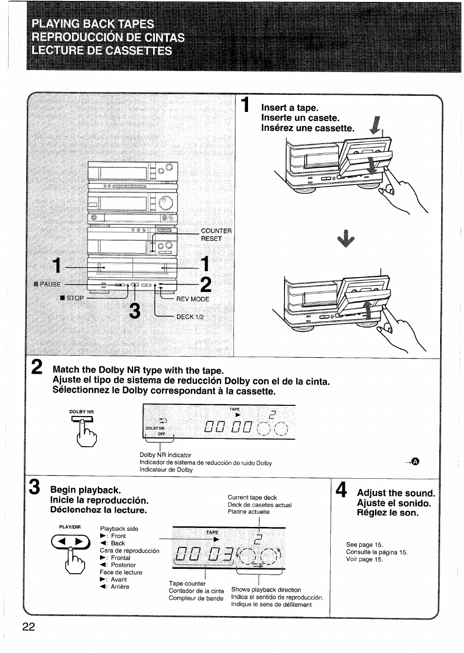 Cl ij, Déclenchez la lecture, Begin playback. inicie la reproducción | U u u um i ( 1^ v, Adjust the sound. ajuste el sonido. réglez le son | Aiwa RX-N939U User Manual | Page 22 / 80