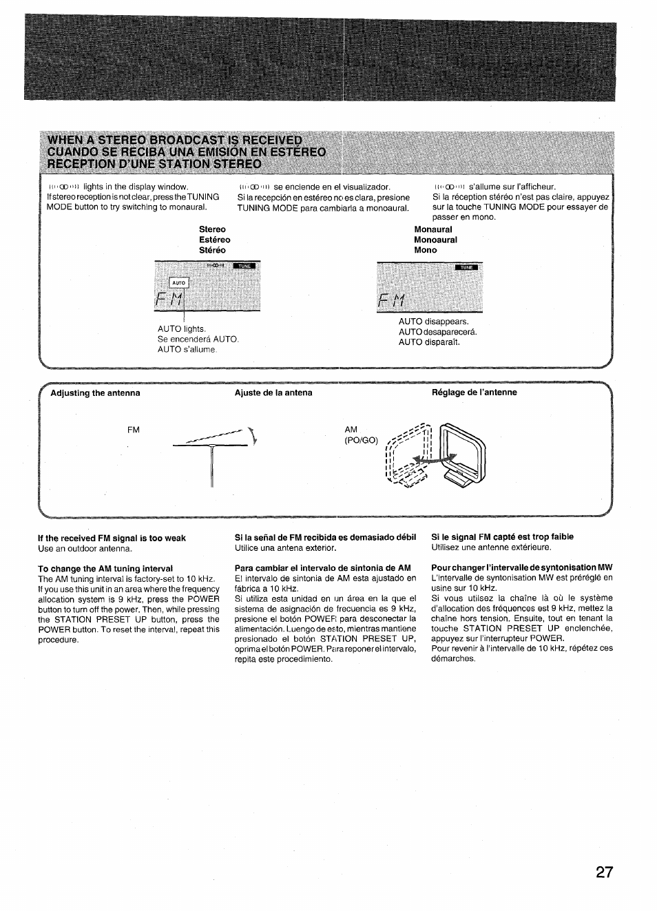 Stereo, If the received fm signal is too weak, To change the am tuning intervai | Si ia señai de fm recibida es demasiado débii, Para cambiar ei intervalo de sintonia de am, Si le signal fm capté est trop faible, Pour changer l’intervalle de syntonisation mw | Aiwa RX-N939U User Manual | Page 27 / 80