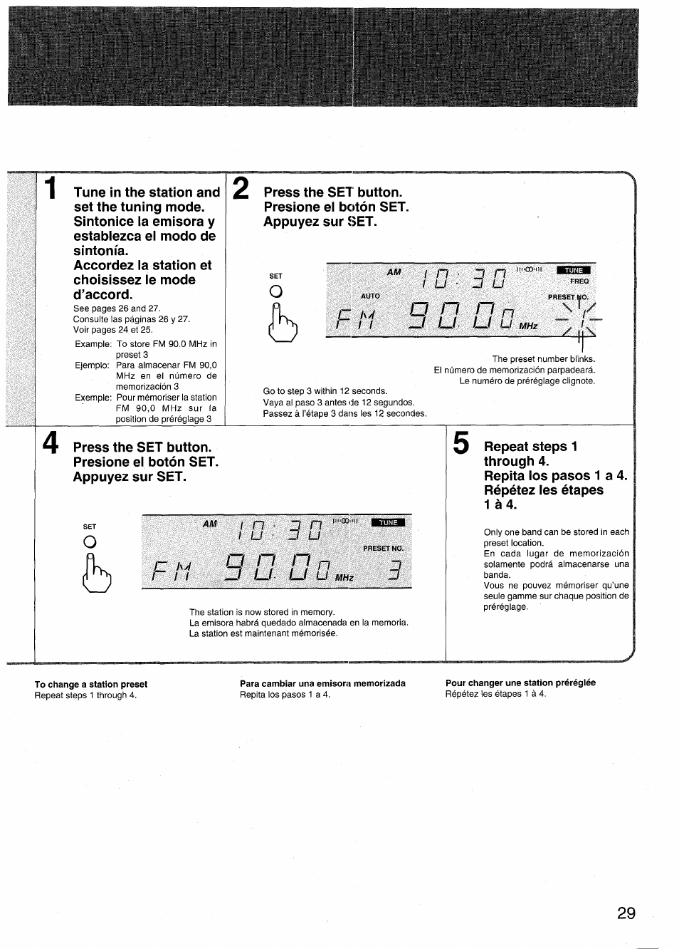 Para cambiar una emisora memorizada, Pour changer une station préréglée, O n n ri —i lj- lj u mhz | Aiwa RX-N939U User Manual | Page 29 / 80