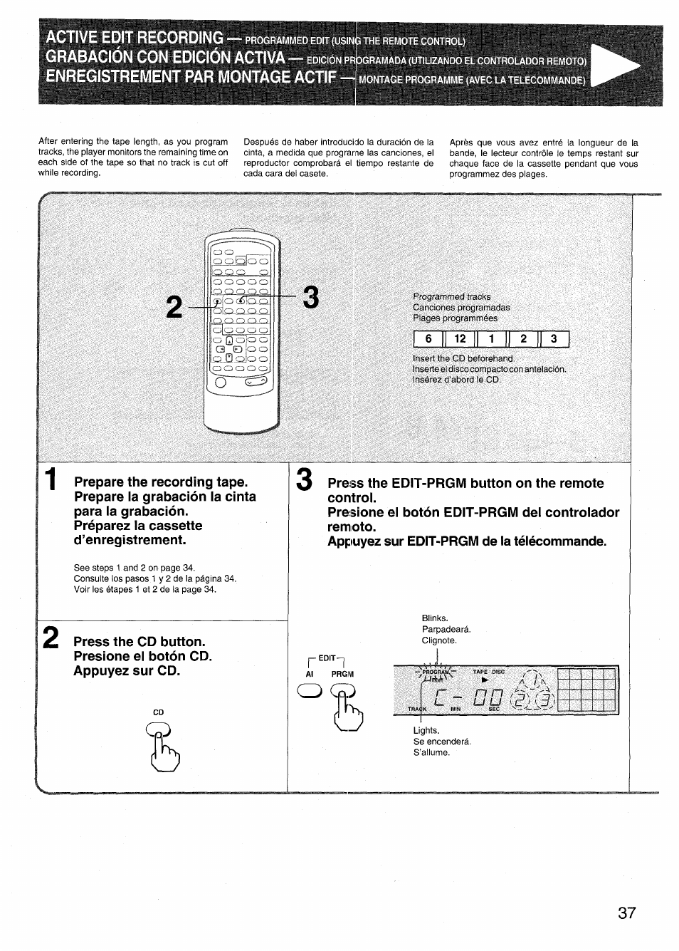 Active edit recordiny, Grabación con edición activa, Enregistrement par montage actif | Aiwa RX-N939U User Manual | Page 37 / 80