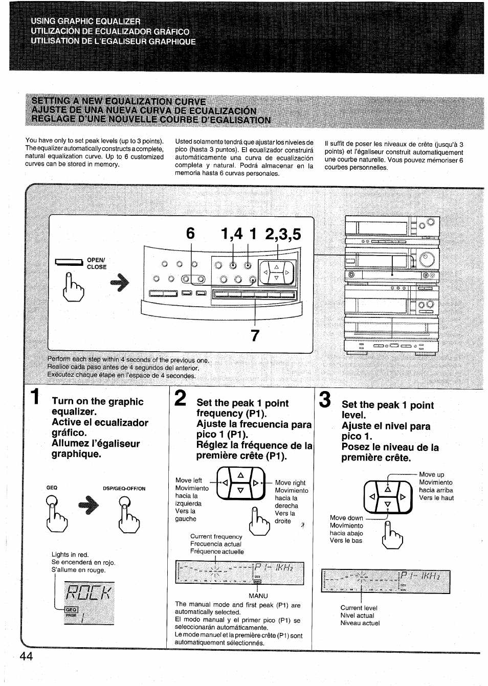 Setting a new equalization curve, Ajuste de una nueva curva de ecualizaclôn, Reglage d une nouvelle courbe d'egalisation | Aiwa RX-N939U User Manual | Page 44 / 80