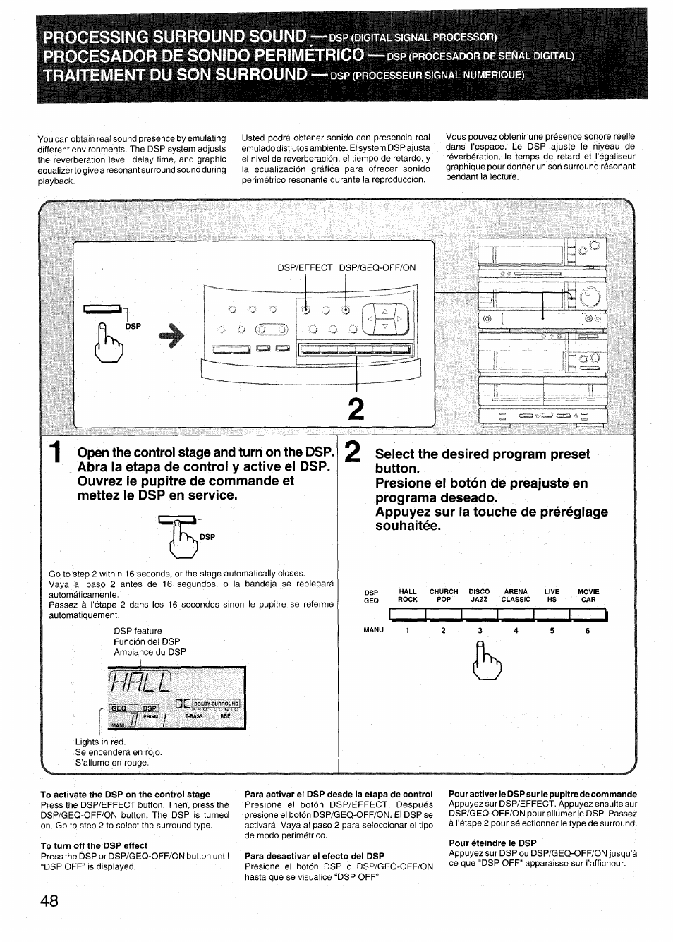 To activate the dsp on the control stage, To turn off the dsp effect, Para activar el dsp desde la etapa de control | Para desactivar el efecto del dsp, Pour activer le dsp sur le pupitre de commande, Pour éteindre le dsp, Processing surround sound, Procesador de sonido perimètrico, Traitement du son surround, I ii | Aiwa RX-N939U User Manual | Page 48 / 80