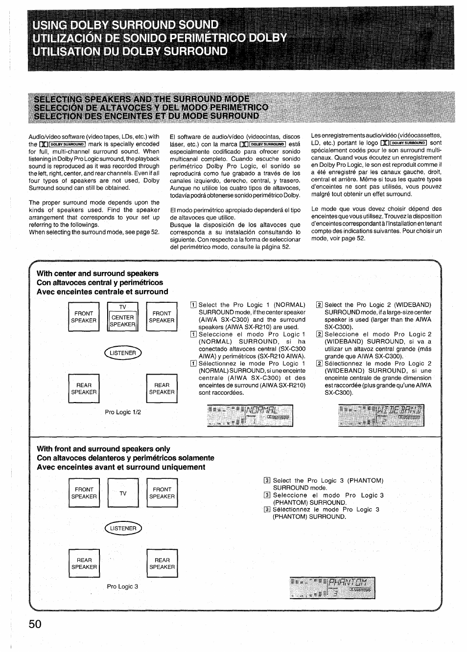 With front and surround speakers only, Con altavoces delanteros y perimétricos solamente, Avec enceintes avant et surround uniquement | Aiwa RX-N939U User Manual | Page 50 / 80