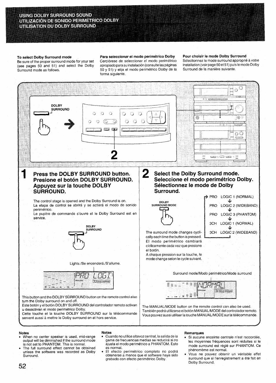 To select dolby surround mode, Para seleccionar el modo perimètrico dolby, Pour choisir le mode dolby surround | Notes, Notas | Aiwa RX-N939U User Manual | Page 52 / 80