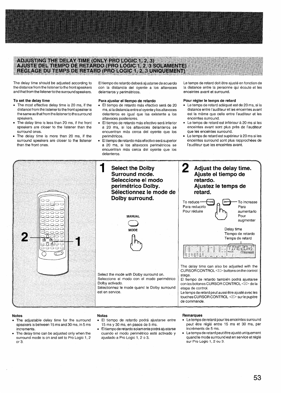 Adjusting the delay time (only pro logic 1, 2, 3), To set the delay time, Para ajustar el tiempo de retardo | Pour régler le temps de retard, Notas, Remarques | Aiwa RX-N939U User Manual | Page 53 / 80