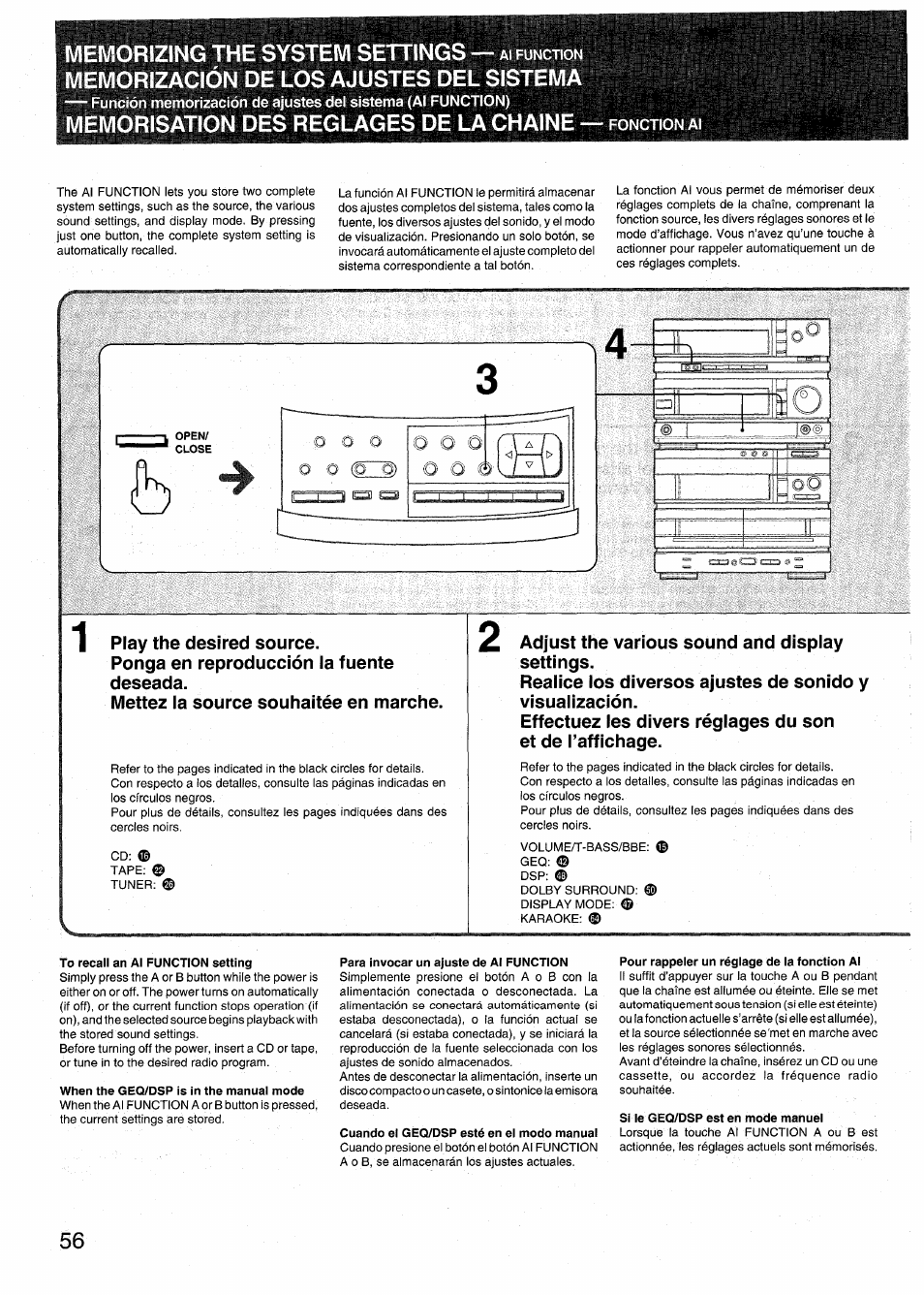 To recall an ai function setting, When the geq/dsp is in the manual mode, Para invocar un ajuste de al function | Cuando el geq/dsp esté en el modo manual, Pour rappeler un réglage de la fonction al, Si le geq/dsp est en mode manuel | Aiwa RX-N939U User Manual | Page 56 / 80