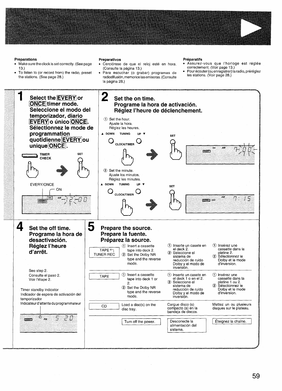 Preparations, Preparativos, Préparatifs | Precautions | Aiwa RX-N939U User Manual | Page 59 / 80