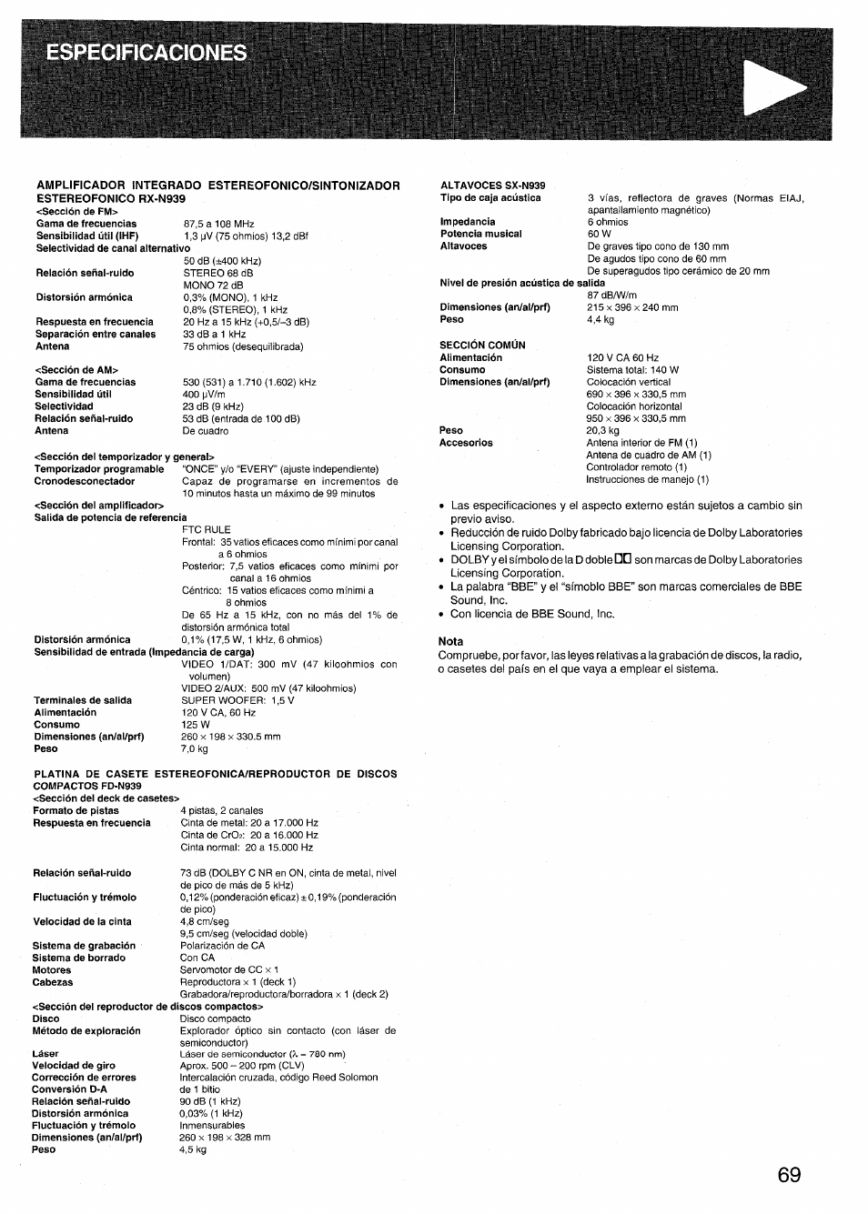 Nota | Aiwa RX-N939U User Manual | Page 69 / 80