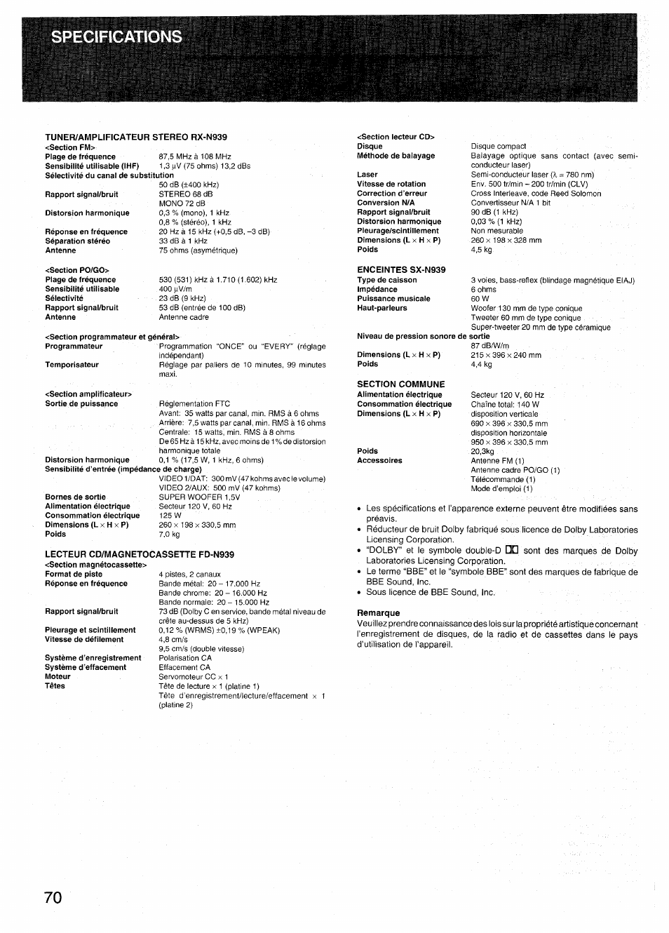 Tuner/amplificateur stereo rx-n939 <section fm, Lecteur cd/wiagnetocassette fd-n939, Enceintes sx-n939 | Remarque, Specifications к | Aiwa RX-N939U User Manual | Page 70 / 80